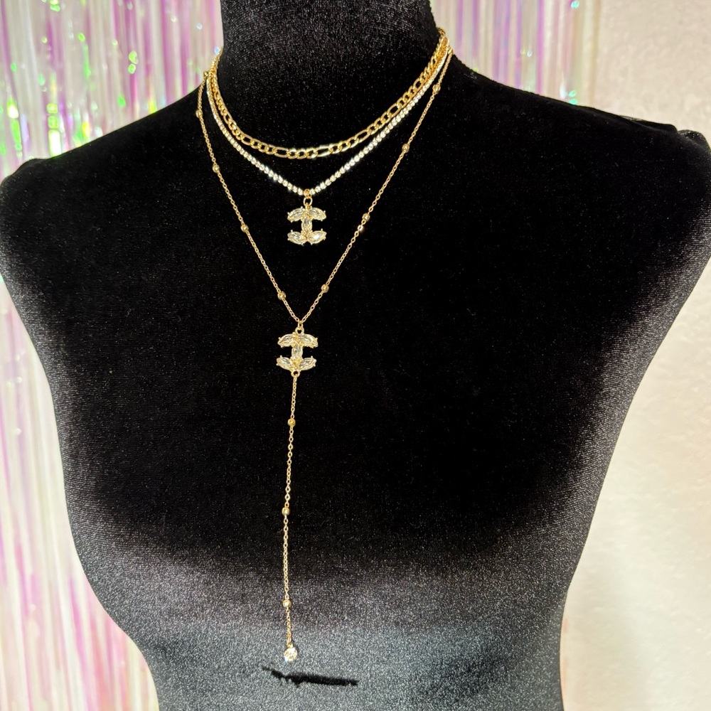 Gold Layered Pendant Necklace Set- Rhinestone Detail Women Jewelry Adjustable